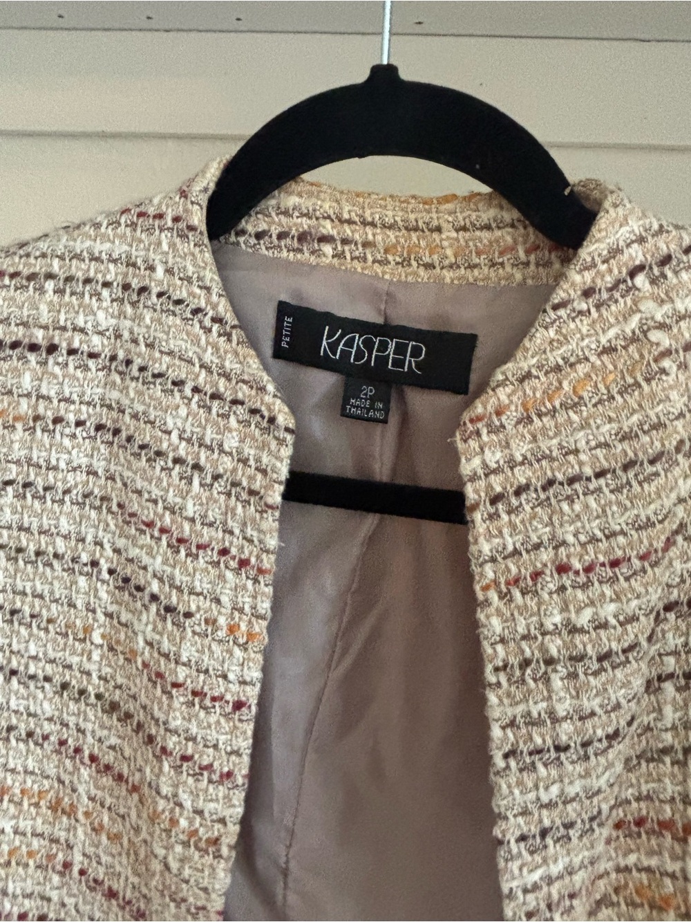 Kasper Petite Cream Tweed Open-Front Jacket with Subtle Multicolor Threads